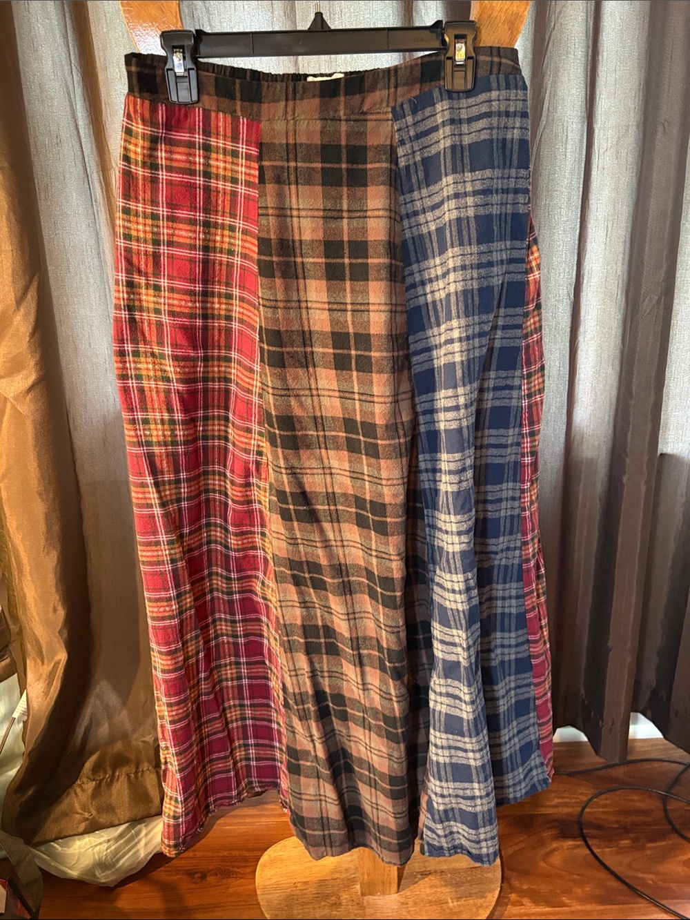NATURAL LIFE Plaid Patchwork Maxi Skirt in Red, Brown & Blue Large.